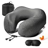 MLVOC Travel Pillow 100% Pure Memory Foam Neck Pillow, Comfortable & Breathable Cover, Machine Washable, Airplane Travel Kit with 3D Contoured Eye Masks, Earplugs, and Luxury Bag, Standard (Black)