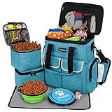 PetAmi Dog Travel Bag Pet Supplies Accessories Organizer for Traveling, Camping, Weekend; Cat Pet Travel Bag Kit Includes 2 Food Storage Containers, 2 Collapsible Bowls, 1 Feeding Mat (Teal Blue)