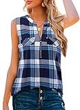 Bulotus Women's V-Neck Casual Tunic Tank Tops Zipper Sleeveless Blouse Shirt Blue Plaid