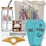 6 Pcs Book Lovers Gifts Set for Book Lovers Readers Women Canvas Book Tote Bag 16oz Book Glass Cup Funny Book Socks Bookmark Book Page Holder Card, Book Club Glass Cup Gifts Set for Librarian Bookish