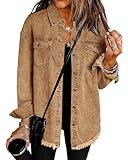 Vetinee Women's Jacket Women Oversized Boyfriend Almond Brown Front Button Up Frayed Raw Hem Long Sleeve Pockets Denim Jean Jacket Shacket X-Large Size 16 Size 18