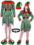 AOTHSO 5 Pieces Christmas Women Elf Cosplay Costume Set Velvet Dress with Sequins Elf Hat Shoes Belt Over Knee High Socks