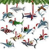 Blulu 12 Pieces Christmas Shark Ornaments Wood Hanging Santa Riding Whale Decoration Shark Ornament for Christmas Tree Party Holiday Decor (Shark Style)