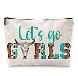 Sufamb Let's Go Girls Retro Western Country Bull Skull Makeup Bag,Western Country Cowgirl Cosmetic Pouch for Women Girls,Christmas Birthday Gifts for Teen Girls,Cowgirl Gifts for Girls