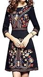 LAI MENG FIVE CATS Women's Premium Embroidered Floral Round Neck Cocktail Elegant Mini Dress Black