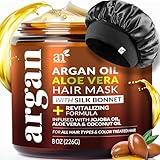 Hair Mask + Silk Bonnet for Sleeping Women Set - Deep Conditioner & Leave-In Conditioner for Dry, Damaged Hair - Argan Oil, Jojoba, Aloe & Keratin - Satin Bonnet for Sleeping, Repair & Hydrate (8 oz)