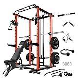 RitFit Multi-Function Garage & Home Gym Package Includes 1000LBS Power Cage PPC03 with Cable Crossover System, Weight Bench, Olympic Barbell Weight Set, Full Body Workout -OR,Bumper Plate 230lbs