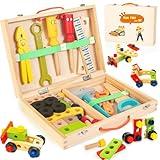 Bravmate Toddler Tool Set with Portable Tool Box & DIY Stickers, Wooden Kids Tool Sets for Boys Girls Age 2-4, STEM Montessori Educational Preschool Toys, Birthday Gifts for 3+ Years Old