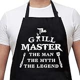 Rosoz Funny Aprons for Men - The Grill Master, The Man The Myth The Legend - Cooking Grilling BBQ Chef Apron for a Husband, Dad Gifts, Waterproof Oil Proof Black Apron with 2 Pockets