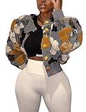 BQDCQB Womens Cropped Floral Print Jacket Warm Fleece Bomber Jacket Casual Button Down Coats Fall Puff Outerwears Grey L