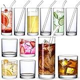 [ 12 Pack ] Glass Cups with Glass Straws, 12oz Highball & Rock Drinking Glasses, Everyday Drinkware Glasses Set, Cute Tumbler Cup, Kitchen Glasses for Iced Coffee, Water, Beer, Cocktail, Whiskey Gift.