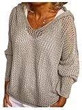 GORGLITTER Women's Hollow Out Crochet Sweater Long Sleeve Drop Shoulder Pullover Hoodie Knitwear Grey Large