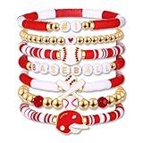 XOCARTIGE Baseball Bracelet for Women Game Day Bracelet Stack Red White Preppy Heishi Bracelets Sport Team Softball Baseball Mom Accessories Outfit Party Favors Gifts (Red White)