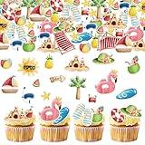 Fyeoxle 46pcs Edible Summer Beach Cupcake Toppers Wafer Paper Ball Sun Diving Goggles Watermelon Slippers Cupcake Picks Edible Summer Cake Toppers for Hawaii Theme Birthday Party Supplies