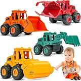 Beestech Construction Toys for 3 Years Old Boys Girls Kids, Friction Powered Construction Truck Toys Vehicles Sand Toys Trucks Excavator, Bulldozer, Road Roller (Colorful 4 Pack)