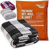 Woolly Mammoth Merino Wool Blanket- 66" x 90" 4 lbs Thick, Outdoor/Indoor Throw for Campfire, Picnic, Beach, Van Life, Home, Army- Farmhouse Collection Heavy Duty Insulating Sleep Plaid, Black/Cream