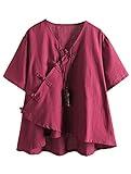 Minibee Women's Linen Retro Chinese Frog Button Tops Blouse Wine Red XL