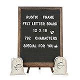 Felt Letter Board with Rustic Vintage Frame and Stand 12x16 inch, Dark Grey Changeable Letter and Message Board Includes 792 Letters, Numbers and Symbols, Hook to Hang, 2 Canvas Bags