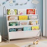 Tatub Kids Bookshelf with 4 Tier Deep Sleeves, Children Montessori Bookshelf Sling Storage Book Rock, Toddler Front Facing Display Bookshelf for Playroom Nursery Bedroom Classroom