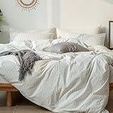 MooMee Striped Duvet Cover Set 100% Washed Cotton Linen Like Textured Breathable Durable Soft Comfy (White Dark Grey Wide Stripes, Queen 90"x90")