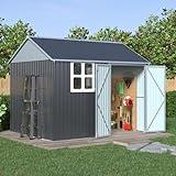 VanAcc 10x8x8 FT Outdoor Storage Shed Nordic Cottage Shed Double Hinged Lockable Doors 4 Vents Metal Shed for Patio Lawn Backyard Garden Dark Grey/White