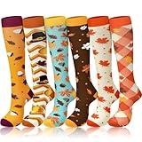 HooLing 6 Pairs Fall Compression Socks Thanksgiving Autumn Socks for Women Men with Turkey, Maple Leaf, 6 Design(Classic Style)