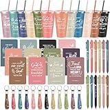 Hollowfly 48 Pcs Christian Church Gifts Bulk Plastic Cups Set with Bible Verse Scriptures Pens Keychains Notebooks for Women Men Volunteer Easter Christian Party Favors(Morandi Color)