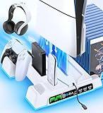 PS5/ Slim/Pro Stand for Disc & Digital Console, PS5 Cooling Station with Dual Controller Charging Station for PlayStation 5 Console, 3-Level Fan PlayStation 5 Controller Charger Accessories Stand