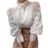 Women’s Elegant Lace Trim Shirts Casual Victorian Blouse Long Sleeve Button Down Tops(XL,White)