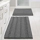 H.VERSAILTEX Grey Bathroom Rug Set Bath Mats, 2 Piece Bath Mats for Bathroom Non Slip Thick Soft Chenille Striped Bath Rug Set, Bath Mats for Bathroom Sets (Grey, 20" x 32"/17" x 24")