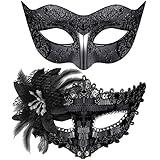 SIQUK Couple Masquerade Masks Sequins Venetian Party Plastic Halloween Costume Rhinestone Mardi Gras Mask for Women and Men, Black