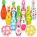 Wettarn 12 Pcs Kids Easter Bowling Set with 10 Bowling Pins and 2 Balls Easter Bunny Games for Toddler Toys Get Together Party Events Indoor Outdoor Family Birthday Holiday Activities