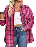 IN'VOLAND Womens Plus Size Flannel Plaid Shirts Long Sleeve Lounge Lapel Boyfriend Button Down Tartan Jacket Coats Pink