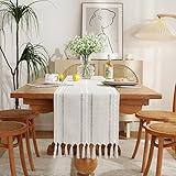 Rustic Farmhouse Style Linen Table Runner, Boho Handmade Tassel Embroidered Table Runners 72 Inches Long for Holiday Party, Wedding and Dining Decorations, 13 x 72 inch - Ivory