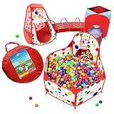 Playz 5-Piece Kids Play Tents Crawl Tunnels and Ball Pit Popup Bounce Playhouse Tent with Basketball Hoop for Indoor and Outdoor Use with Red Carrying Case