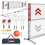 JOLORLY Badminton Sets for Backyards, Kids Volleyball Pickleball Combo Set with Net, Adjustable Width and Height (13.5ft/20ft Width x 7ft max Height) Portable Freestanding Rackets Set