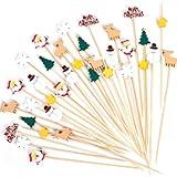 140Count Christmas Cocktail Picks, 7 Styles Handmade Bamboo Cocktail Toothpicks, Xmas Cocktail Toothpicks for Appetizers Drink Fruits Food