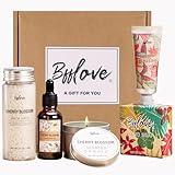 Gifts for Women BFFLOVE Gift Set for Women 5pcs Cherry Blossom Spa Set, Birthday Gifts for Women with Massage Oil, Scented Candle, Bath Salts, Hand Cream, Christmas gifts