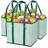 Reusable Grocery Bags (3 Pack) – Heavy Duty Reusable Shopping Bags with Box Shape to Stand Up and Stay Open – Large Tote Bags with Long Handles & Reinforced Bottom – Foldable Utility Bag – Green