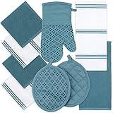 Kitchen Towels Dishcloths Oven Mitts and Pot Holders Set of 9, Oeko-Tex 100% Cotton Terry Dish Towels & Dish Cloths, Non-Slip Silicone, Blue