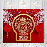 ZJRBJB 10x8ft Chinese New Year Backdrop 2025 Year of Snake Pink Flowers Red Lanterns Paper Cut Lunar New Year Background for Spring Festival Holiday Indoor Outdoor Photo Booth Props