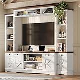 AMERLIFE 98" Farmhouse Entertainment Center Wall Unit with Bookshelves, Wine Cabinet, Fits 78" TVs, Large TV Stand with Power Outlets & Barn Door, Rustic Media Console for Living Room, Off-White