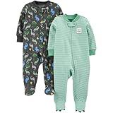 Simple Joys by Carter's Baby Boys' 2-Pack Cotton Sleep and Play, Dark Grey Dinosaur/Mint Green Stripe, 6-9 Months