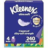 Kleenex Ultra Soft Facial Tissues, 4 Cube Boxes, 60 Tissues per Box, 3-Ply (240 Total), Packaging May Vary