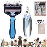 Deshedding Brush and Comb for Long and Short-Haired Pets, Undercoat Rake with Bonus Pet Nail Clippers, Trimmer, and Storage Bag (blue)