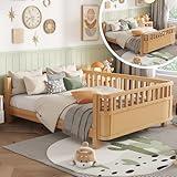 Full Size Kids Bed with Rails, Wood Full MontessoriBed Frame with Slats Support, Low to Ground Modern Baby Bed Daybed with Detachable Side Rails for Boys Girls Bedroom, Natural