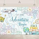 Adventure Awaits Backdrop Let The Adventure Begin Backdrop World Map Aircraft Route Photography Background World Travel Adventure Theme Backdrop Globe Luggage Graduation Baby Shower Decor 7x5Ft