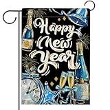 Hzppyz Happy New Year 2025 Garden Flag Double Sided, Blue Black Clock Bell Decorative Yard Outdoor Home Small Decor, Fireworks Celebration Holiday Party Outside House Decoration 12 x 18