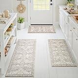 GRANNY SAYS Boho Kitchen Rug Sets of 3, Non Slip Washable Faux Wool Kitchen Mats for Floor, Thick Soft Anti-Fatigue Comfort Standing Mat Runner Rugs for Hallway Laundry Room, Beige