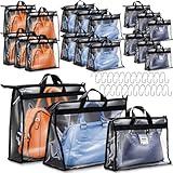 Chumia 20 Pack Dust Bags for Handbags Clear Handbag Storage Organizer, 3 Sizes Purse Storage Organizer for Closets Dust Cover Purse Protector Bag with Zipper and Handles with 25 Pcs S Hooks (Black)